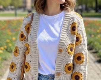Sunflower Granny Square Cardigan, Boho Crochet Cardigan, Festival Outfit Sweater, Handmade Floral Knit Jacket
