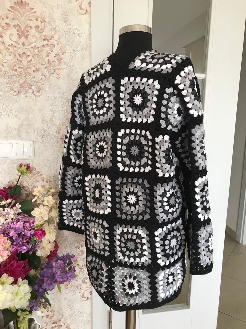 Black and White Granny Square Cardigan for Womenpatchwork Etsy