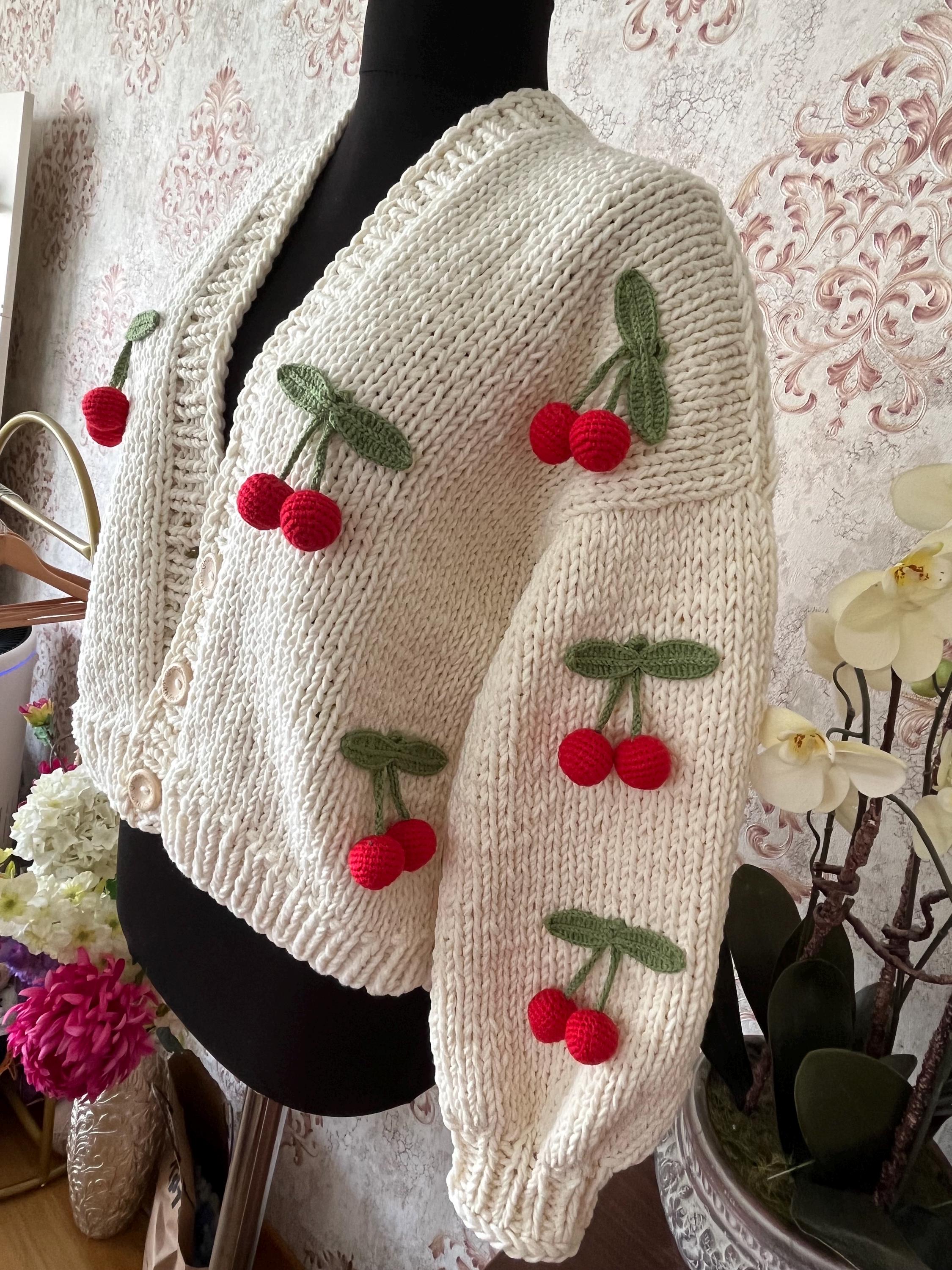 Oversize Cotton Cherry Cardigan, Woman Fruit Embroidery
