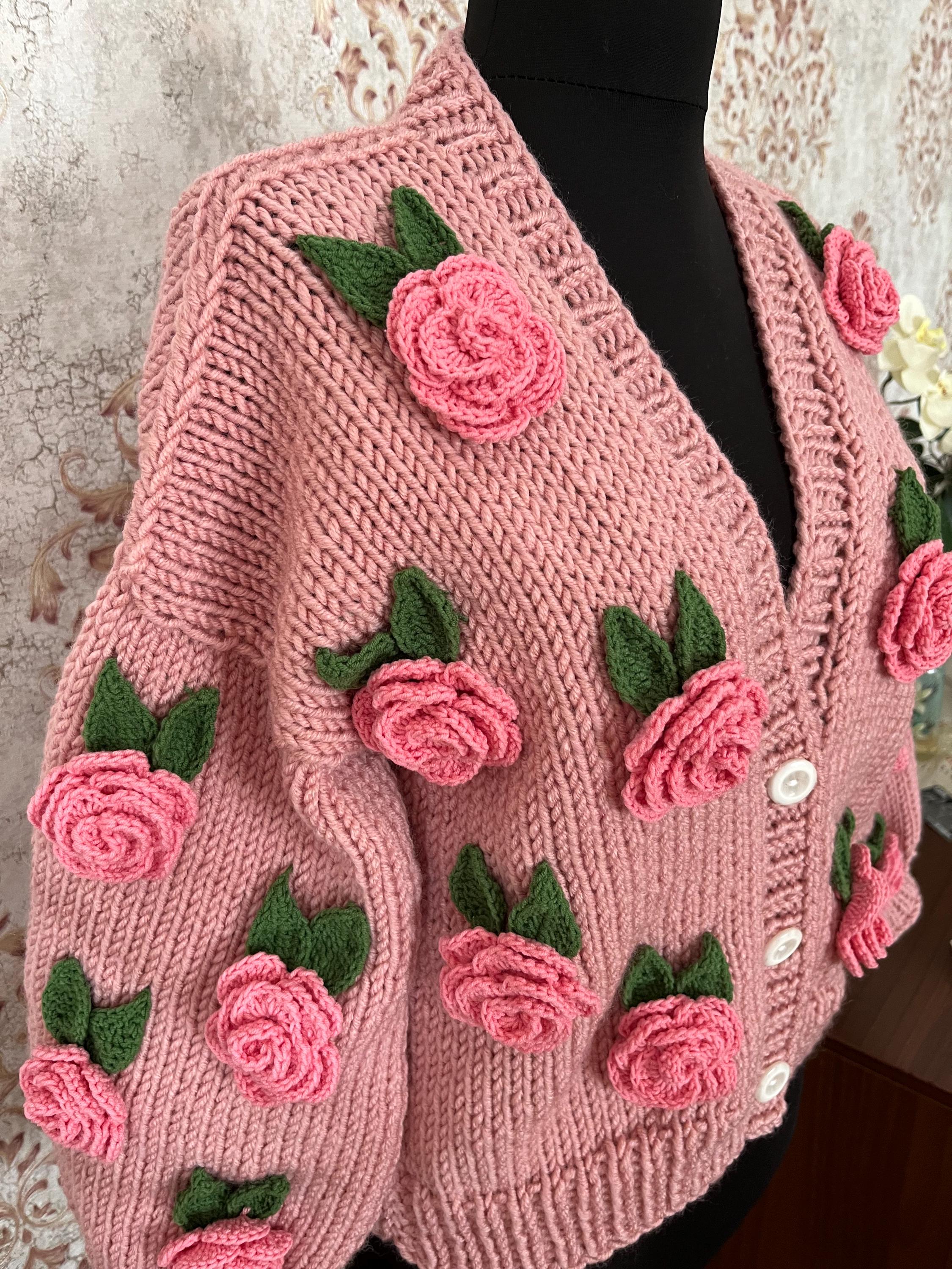 Handmade Wool Blend Cropped Cardigan: Pink Roses Knit Sweater - Etsy