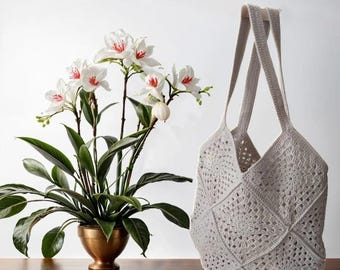 Handmade Crochet Granny Square Bag: Beige Vintage Style Shoulder Tote