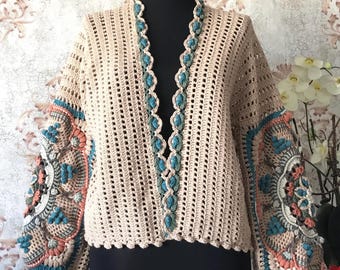 Crochet Cardigan: Boho Afghan Coat with Floral Sleeves