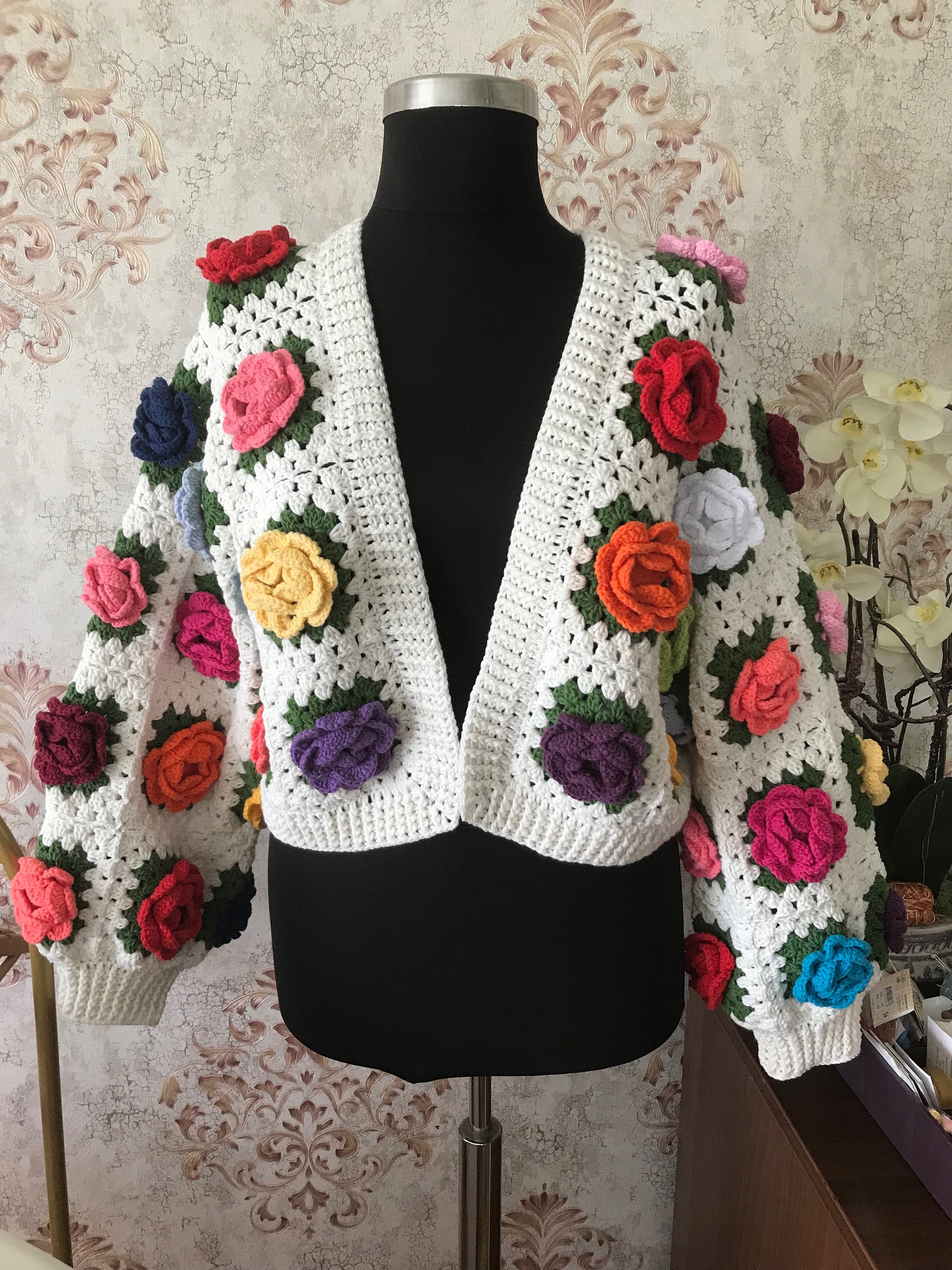 Crochet Jumbo Rose Cardigan, Handmade Rose Colorful Cardigan