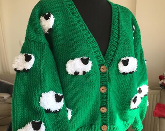 Schaf kuscheliger grüner Pullover, grobstrick Strickjacke, Y2K Look, kawaii oversized Weihnachten Strickjacke, Cottagecore Pullover, schicke Lady Strickjacke