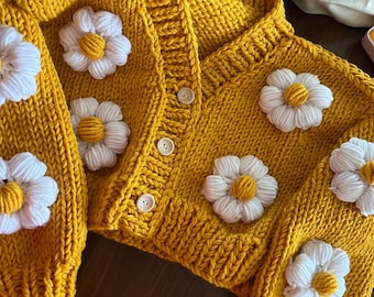 Daisy jumbo Chunky Sweater for Women, 3D Daisy pink Knit Jacket, Oversized Daisy flowers yellow Cardigan, valentines day unique gift for her