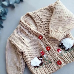 Knit Baby sheep mushroom toddler outfit, Crochet Embroidery Mushroom hat baby clothes set, Knit lamb kids sweater, Handmade gift for baby