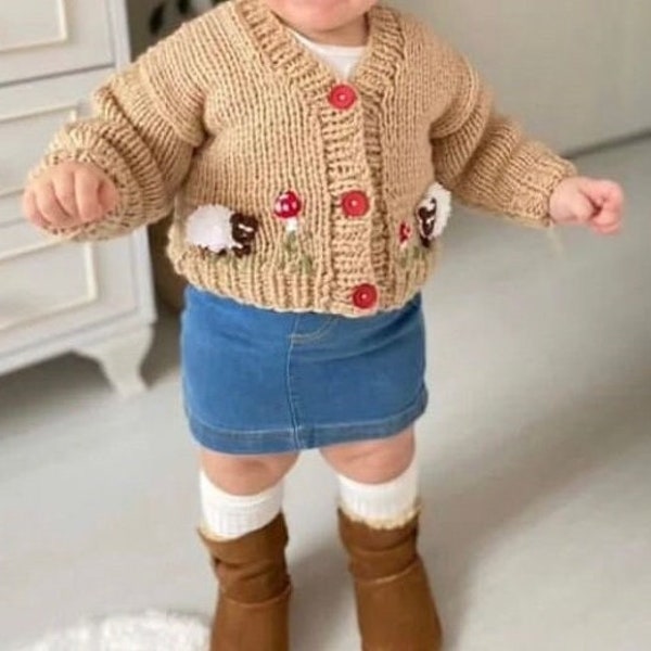 Tenue de bébé mouton champignon en tricot, ensemble de vêtements pour bébé chapeau de champignon broderie au crochet, pull en tricot d'agneau pour enfants, cadeau fait main pour bébé