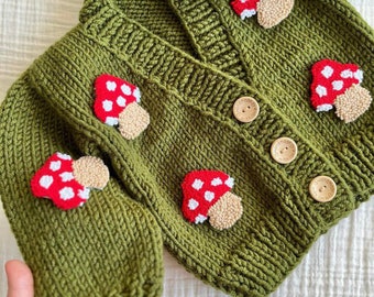 Crochet Mushroom children’s Cardigan, Embroidered 3D Mushroom toddler sweater, handmade gift for baby, Trendy chunky baby mushroom sweater