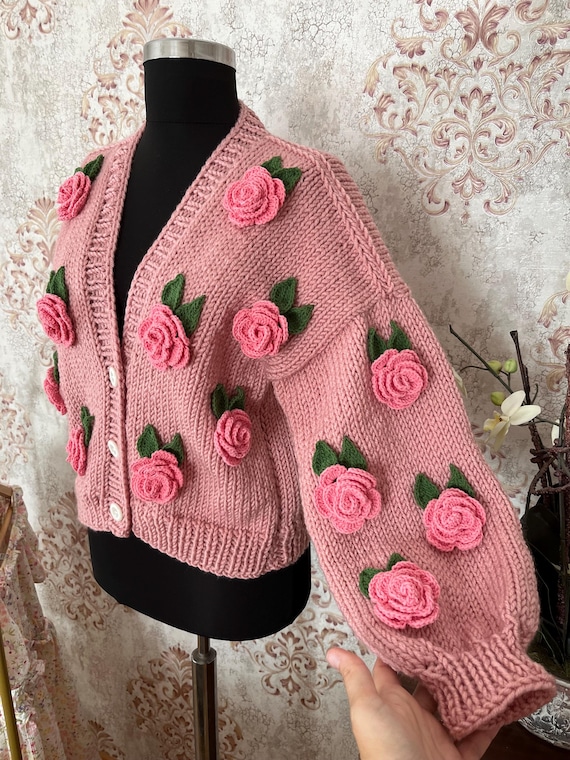 Handmade Wool Blend Cropped Cardigan: Pink Roses Knit Sweater - Etsy