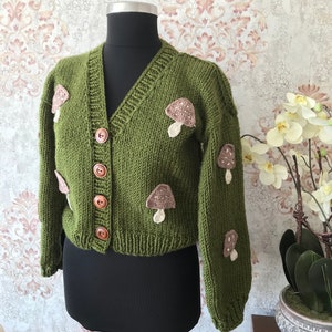 Green mushroom cardigan, Embroidered Mushroom sweater, cottagecore clothes , gifts for her, autumn cardigan, girlfriend gifts
