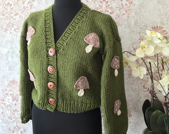 Green mushroom cardigan, Embroidered Mushroom sweater, cottagecore clothes , gifts for her, autumn cardigan, girlfriend gifts