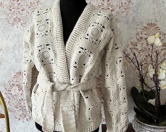 Handmade Crochet Cardigan: Vintage Flower Motif, Boho Cotton Sweater