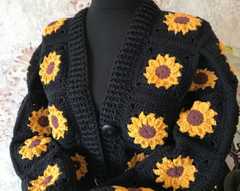 Cardigan court en coton au crochet tournesol pour femme, pull floral fait main, vêtements de printemps pour femme, cadeau tendance pour femme, tricot sur commande