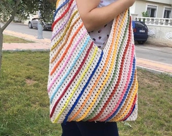Handgestrickte gestreifte häkeln Tragetasche - Beige Baumwollsommertasche