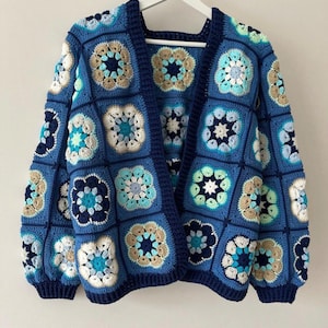 Blue Granny Square Crocheted Cardigan, Crochet fashion, Cotton Knit Coat,  Crochet Afghan Coat, Crochet Bohemian Cardigan, unique gift