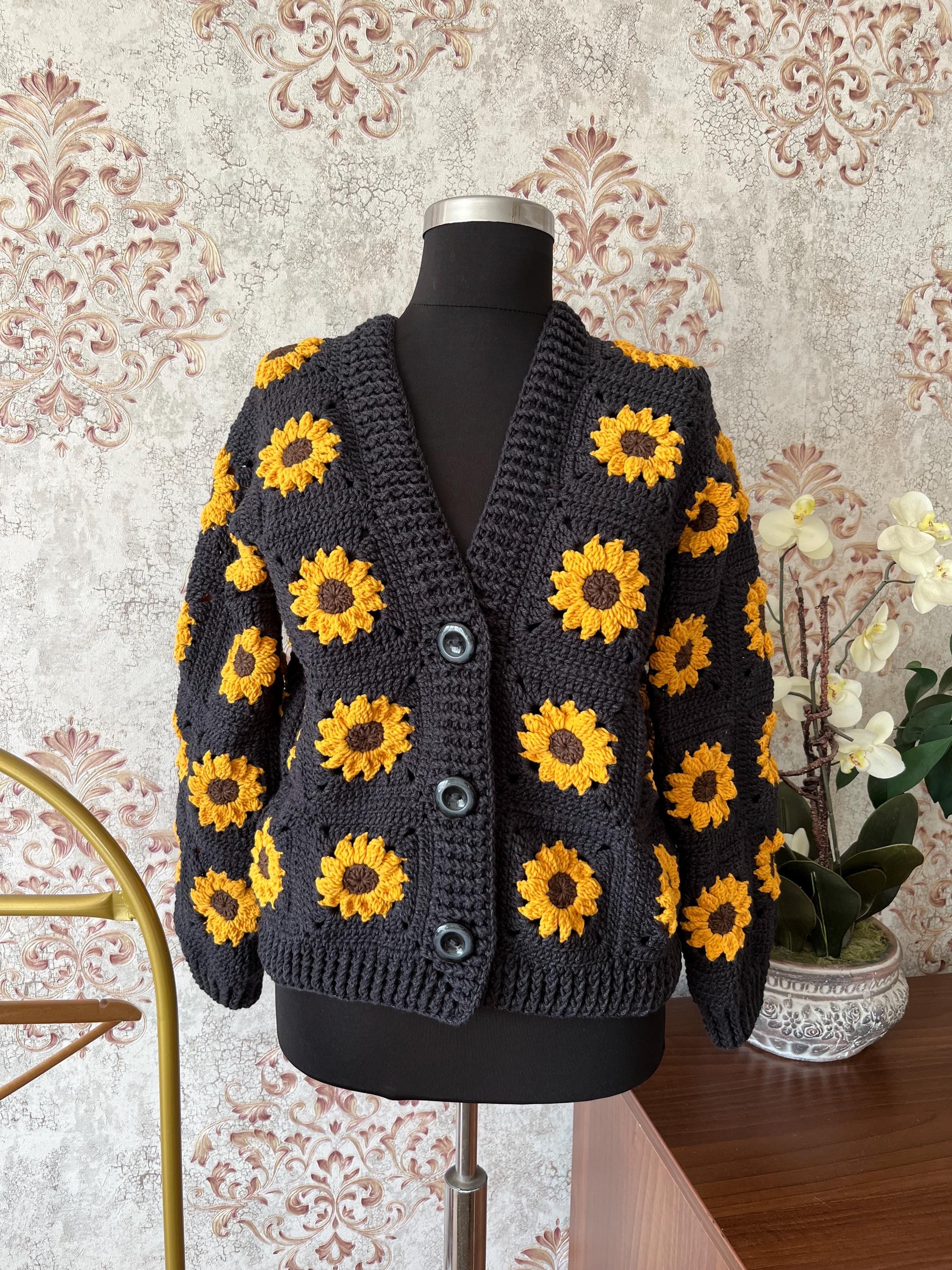 Crochet Sunflower Black Cardigan: Handmade Cotton Cropped Sweater
