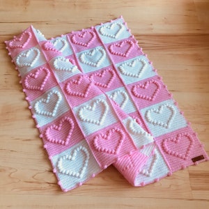 Manta de bebé de algodón muy suave con forma de corazón de palomitas de maíz tejida a mano y personalizada en color rosa caramelo, manta para bebé recién nacido, regalo para el día de la madre