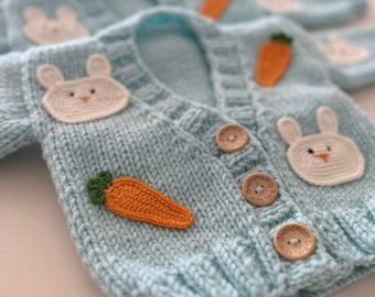 Easter bunny and carrot motif cotton cardigan for kids, trendy chunky baby cardigan, easter sweater for toddlers, easter shirt for toddler