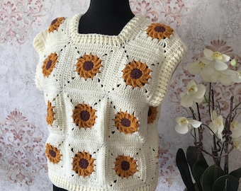 Sunflower Knit Sweater Vest: Blue Crochet Cardigan, Chunky