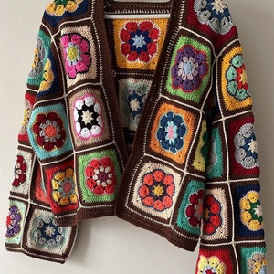 Granny Square Sweater, Crochet Patchwork for Women Jacket, Afghan Long Coat, Granny Square Cardigan, Handknit Cotton Cardigan, Gift for her