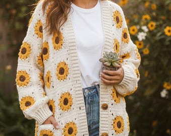 Handmade Crochet Sunflower Cardigan - Boho Floral Sweater, Eco-Friendly Cotton, Cozy Spring Festival Fashion
