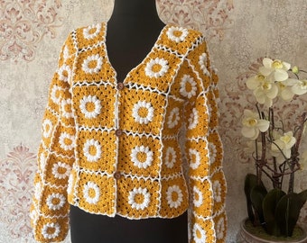 Cardigan marguerite au crochet, cardigan d'été fin fait main, cardigan en coton, cardigan carré grand-mère, cardigan rétro, cadeau unique pour la fête des mères