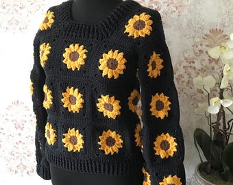 Crochet Sunflower Cardigan: Handmade Cotton Blend Floral Sweater