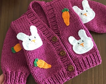 Crochet rabbit and carrot motif children’s cardigan for sale, knitted chunky baby cardigan, hand knit sweater for toddler