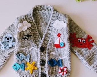 sea animals sweater, knitted fish and crab motif  cardigan for toddler, embroidered cardigan, crochet button up sweater, knit sweater for ki