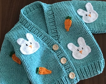Easter bunny and carrot motif cotton cardigan for kids, trendy chunky baby cardigan, easter sweater for toddlers, easter shirt for toddler