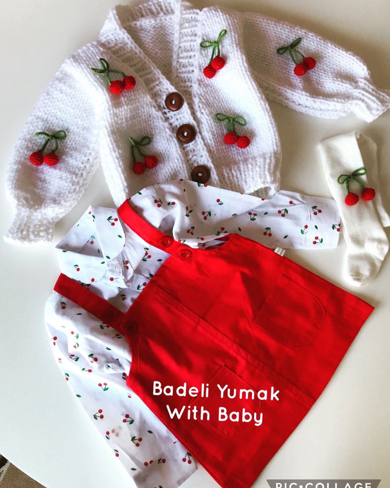 Hand Knit Cherry Baby Outfit, Soft Wool Cardigan, Cotton Shirt, Socks