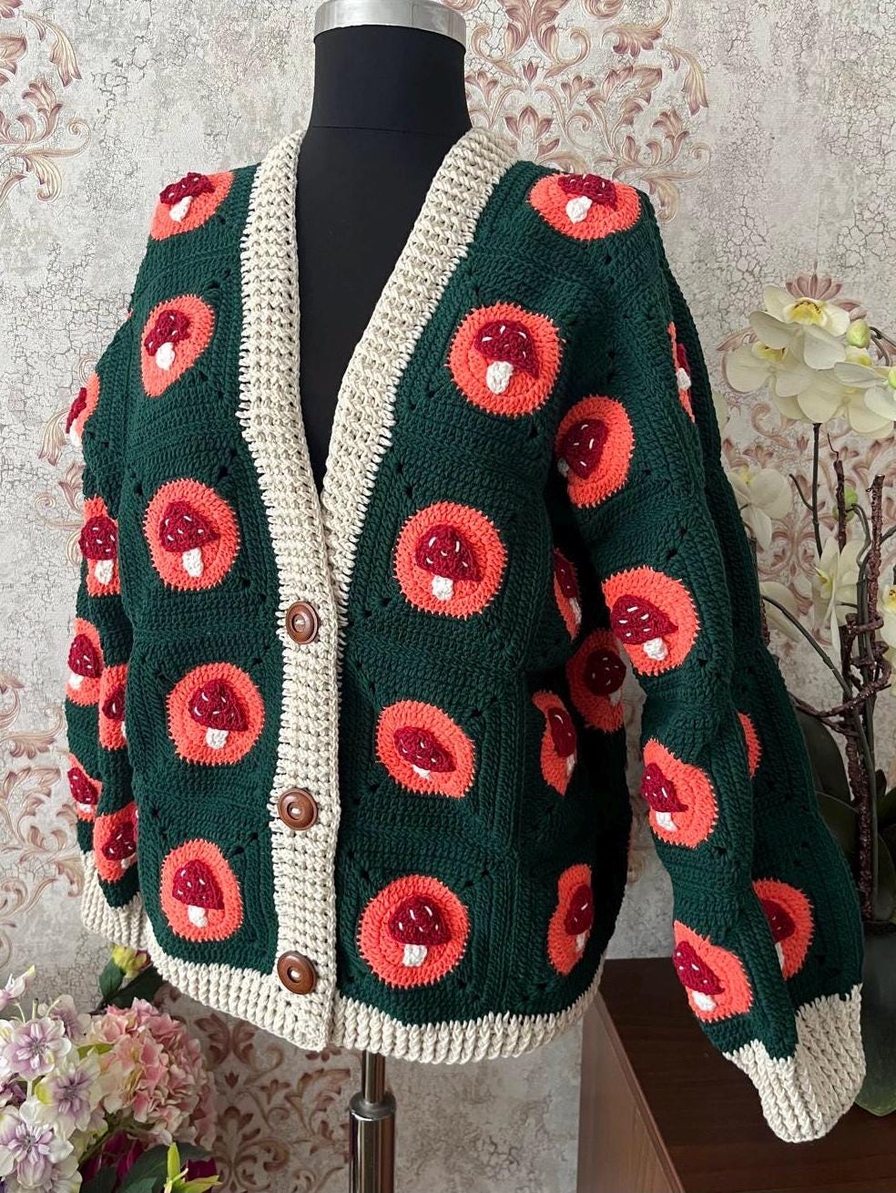 Green Mushroom Knit Cardigan, Cottagecore Sweater, Goblincore Clothing, Cozy Cardigan, Unique Gift for her, fall cardigan, crochet cardigan