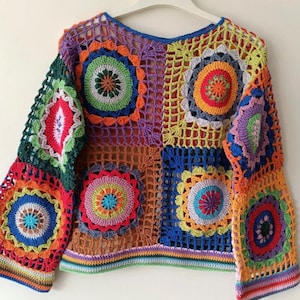Crochet colorful pullover sweater, boho chic sweater, mandala cardigan, Handmade gift, Festival Style, Crochet Summer-Spring Hippy Sweater
