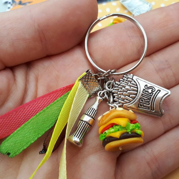 Porte clé Hamburger Frites Coca/ Fast food/ fait main (fimo) gourmandise miniature réaliste idée cadeau femme fille enfant