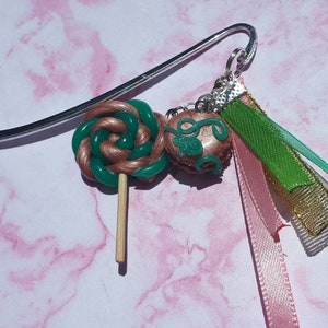 Bookmark/ lolypop and macaron/ pink gold and emerald green/ handmade fimo unique creation image 1