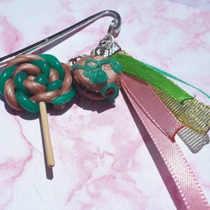 Bookmark/ lolypop and macaron/ pink gold and emerald green/ handmade fimo unique creation image 4