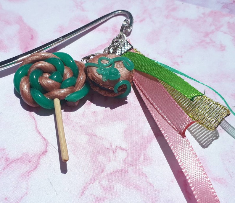 Bookmark/ lolypop and macaron/ pink gold and emerald green/ handmade fimo unique creation image 4