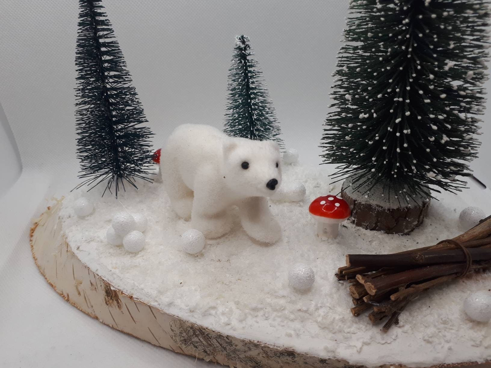 Scène Miniature de Noel/Forêt Enneigée Bois Brut Fait à La Main Noël Ours Des Neiges