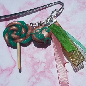 Bookmark/ lolypop and macaron/ pink gold and emerald green/ handmade fimo unique creation image 3