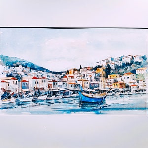 Acquarello, Acquarello su carta, Isola di Idra, Arte greca, Pittura originale