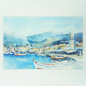 Water color painting,Water color on paper, Hydra island,Greek art,Original Painting,Port Clock Tower Hydra