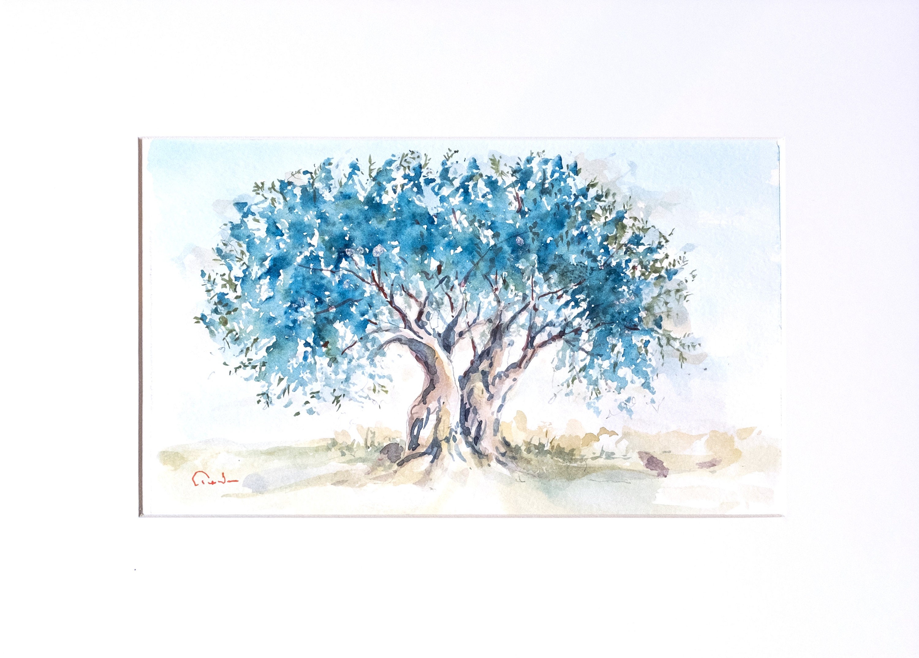 Albero di olivo acquerello,pittura di foglie di ulivo,albero di agrifoglio,pittura di olivo,olivo in un paesaggio montuoso,olivo nel Partenone