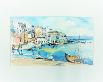 Water color painting, Greece island Wall art, Hydra island watercolor, Greece art, Original Greece Watercolor Painting