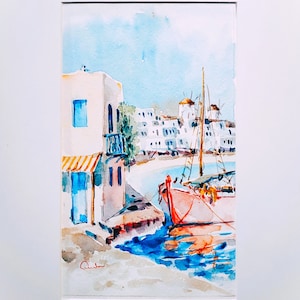 Water color painting,Water color on paper, Hydra island,Greek art,Original Painting, Hydra Beach