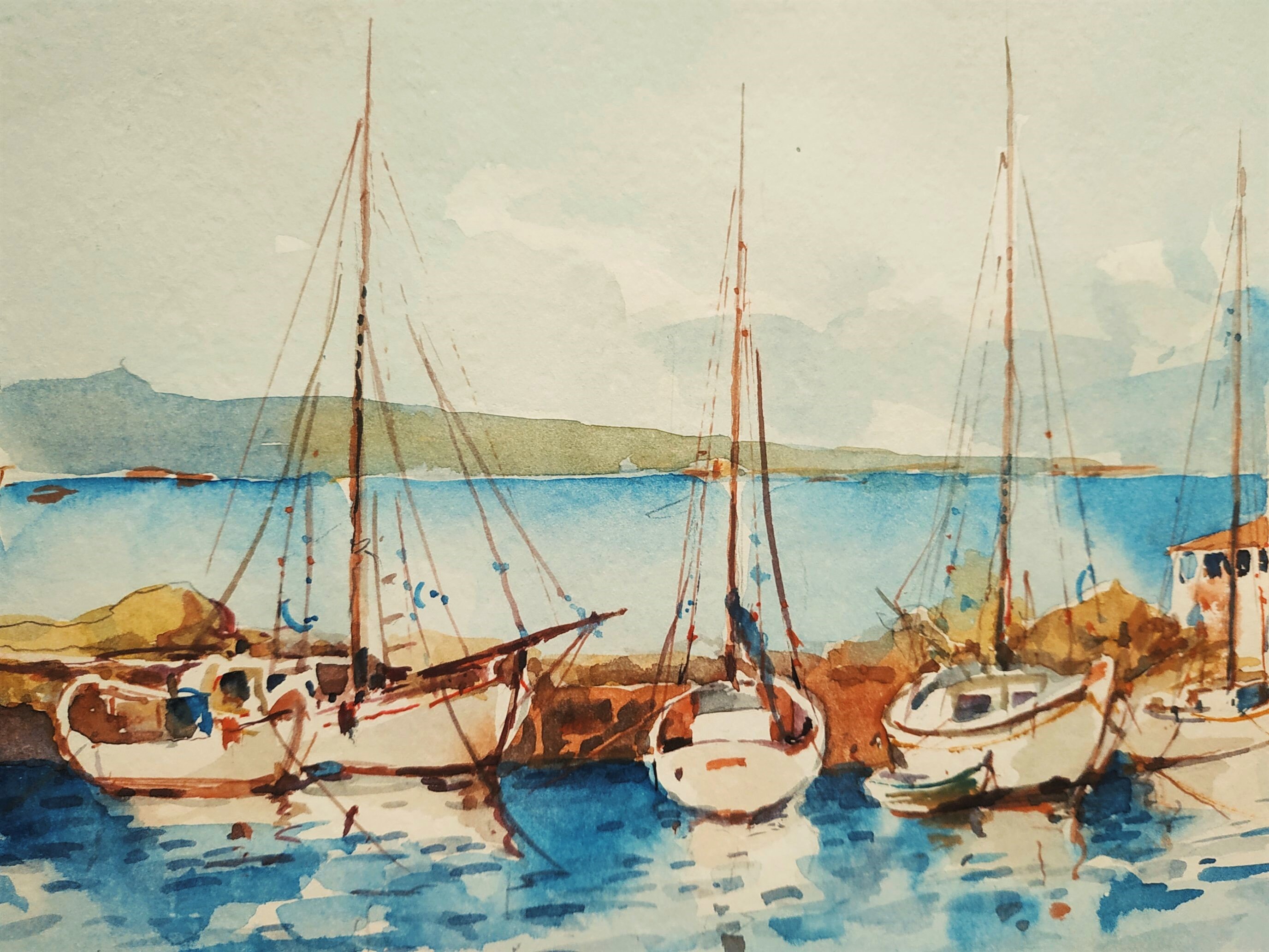 水彩画、紙に描いた水彩画、イドラ島、ギリシャ美術、オリジナル絵画