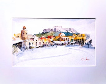 Akwarela Akropol i Plaka, Plaka Ateny, Historia Grecji, Oryginalny Akropol i Malarstwo Plaka