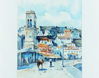 Water color painting,Water color on paper, Hydra island,Greek art,Original Painting,Port Clock Tower Hydra Active