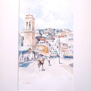 Aquarell Malerei, Aquarell auf Papier, Hydra Insel, Griechische Kunst, Original Gemälde, Hafen Glockenturm Hydra aktiv
