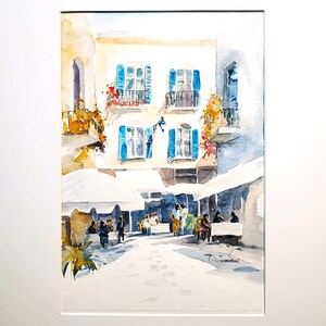 Pittura ad acquerello, arte della parete dell'isola della Grecia, acquerello dell'isola di Hydra, arte della Grecia, pittura ad acquerello originale della Grecia