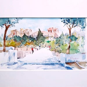 Pittura ad acquerello dell'Acropoli e della Plaka, Atene della Plaka, Storia greca, Pittura dell'acropoli e della Plaka originali